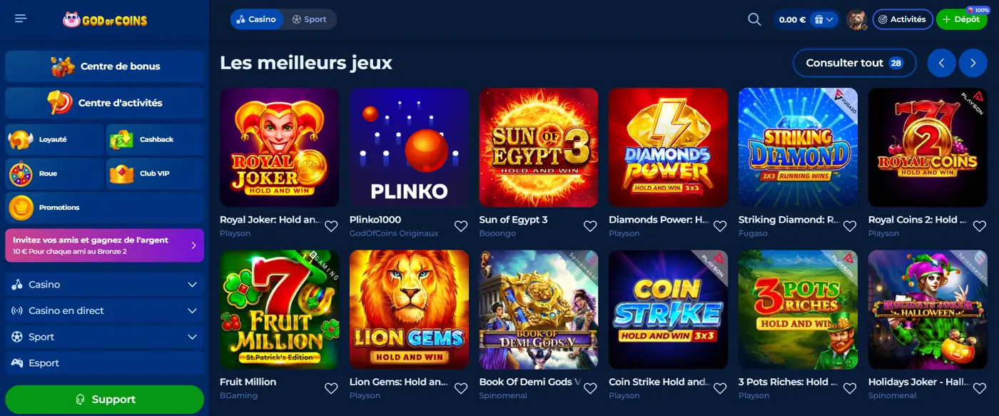 Aperçu de la page principale du casino God of Coins
