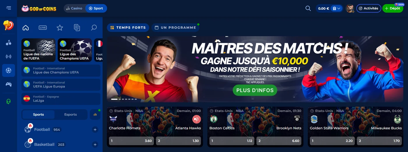 Paris sportifs sur le casino God of Coins